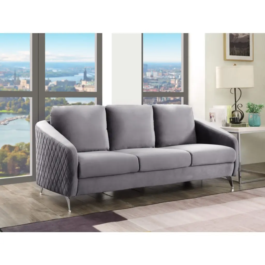 Sofia Gray Velvet Elegant Modern Chic Sofa Couch Chrome Metal Legs Lilola Home