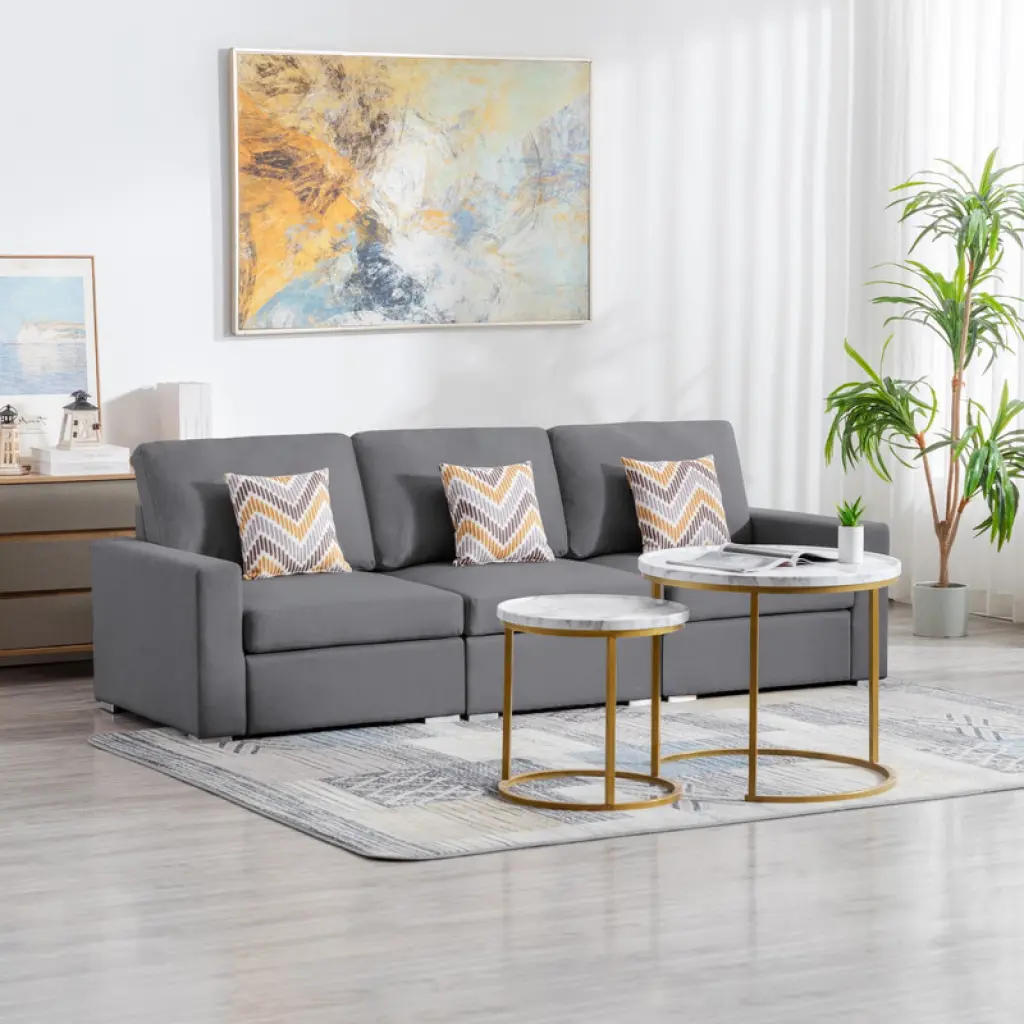 Miekor Furniture Nolan 95.5 Gray Linen Fabric Sofa Pillows and Interchangeable Legs W5U537
