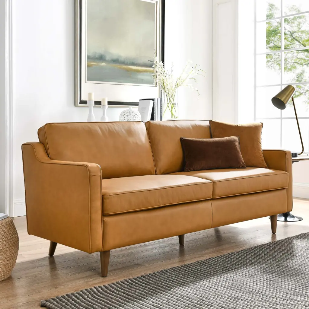 Modway Impart Genuine Leather Sofa Tan Modern Living Room Furniture