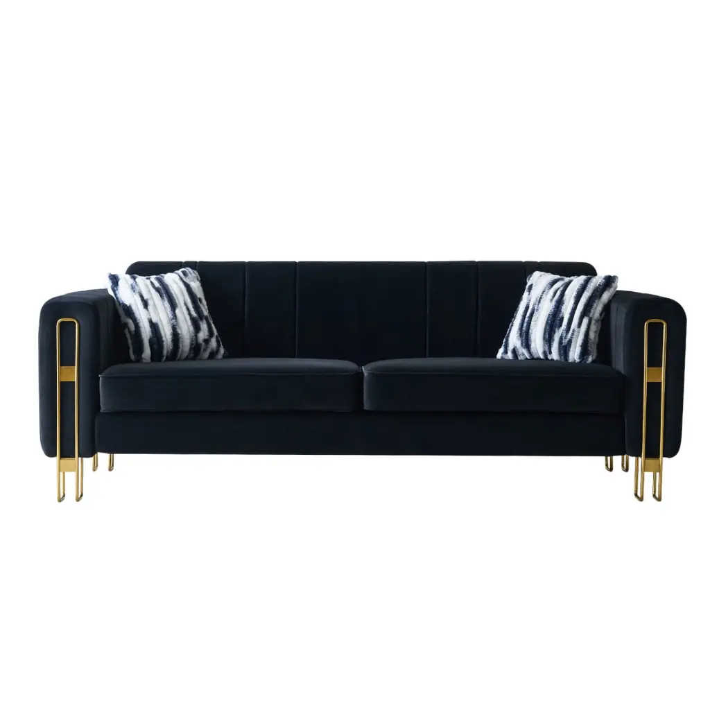 Chic 85.04 Inch Modern Black Velvet Sofa Golden Metal Legs Ponnky