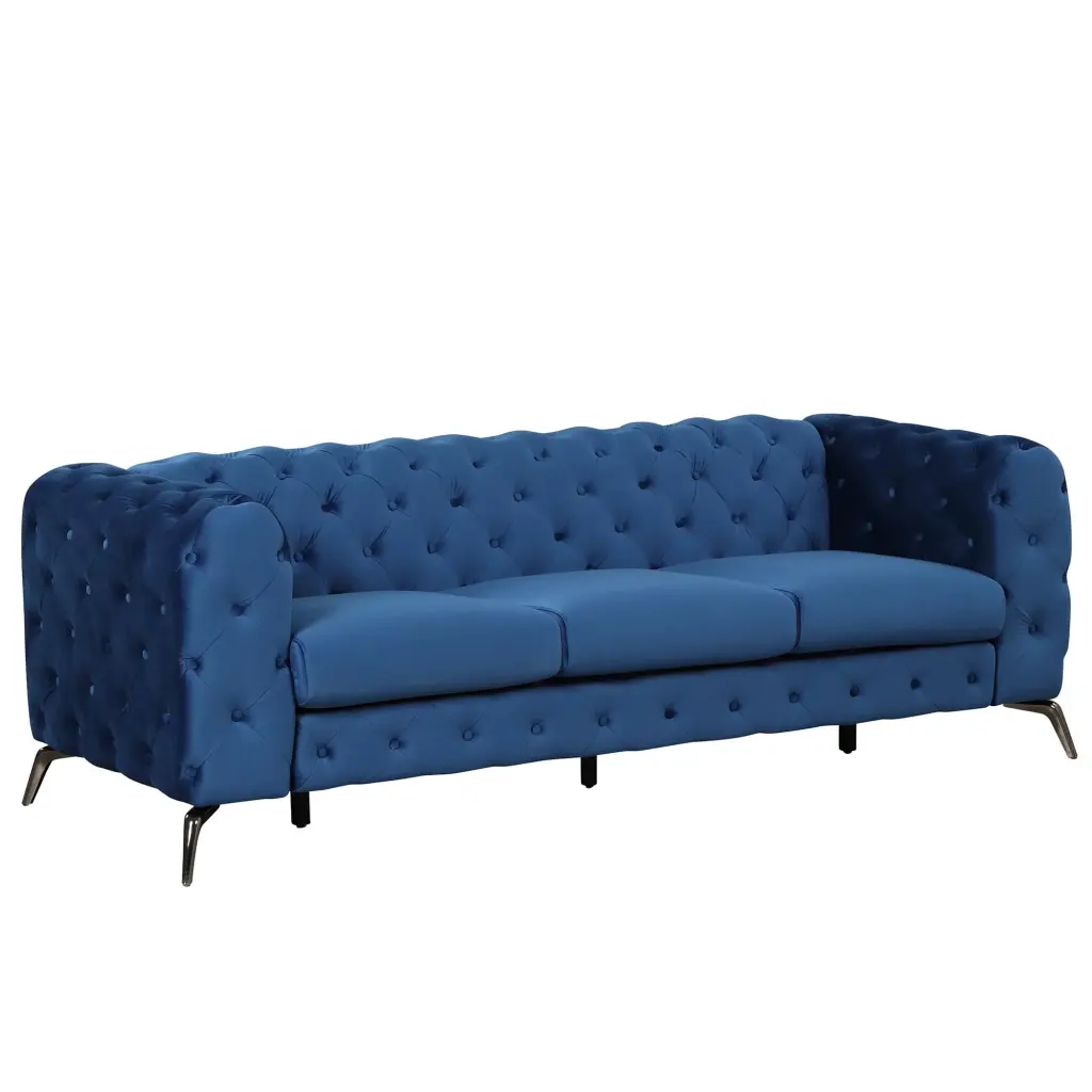 85.5 Blue Velvet Sofa Button Tufted Back and Sturdy Metal Legs Modern 3 Seater unknown