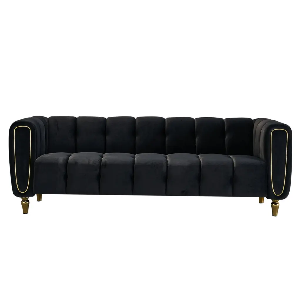 Contemporary Black Velvet Sofa Tufted Backrest Wooden Frame Metal Legs Wodine