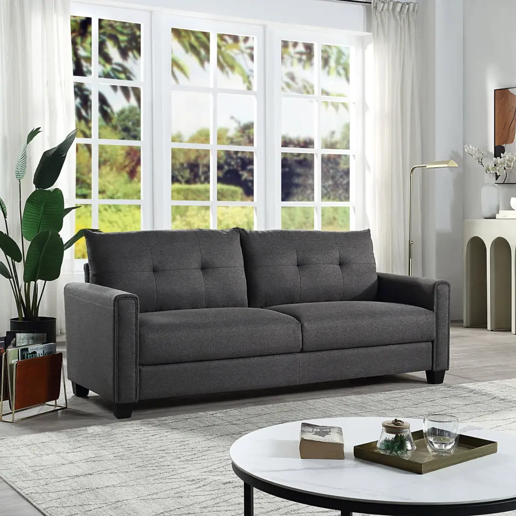 Dark Grey Linen Fabric Upholstered Sofa Plush Tufted Cushions and Tool-Free Assembly Wodine