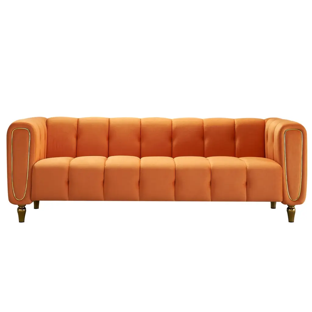 Unique Orange Velvet Sofa Tufted Design Wooden Frame Metal Feet Modern Living Room Wodine