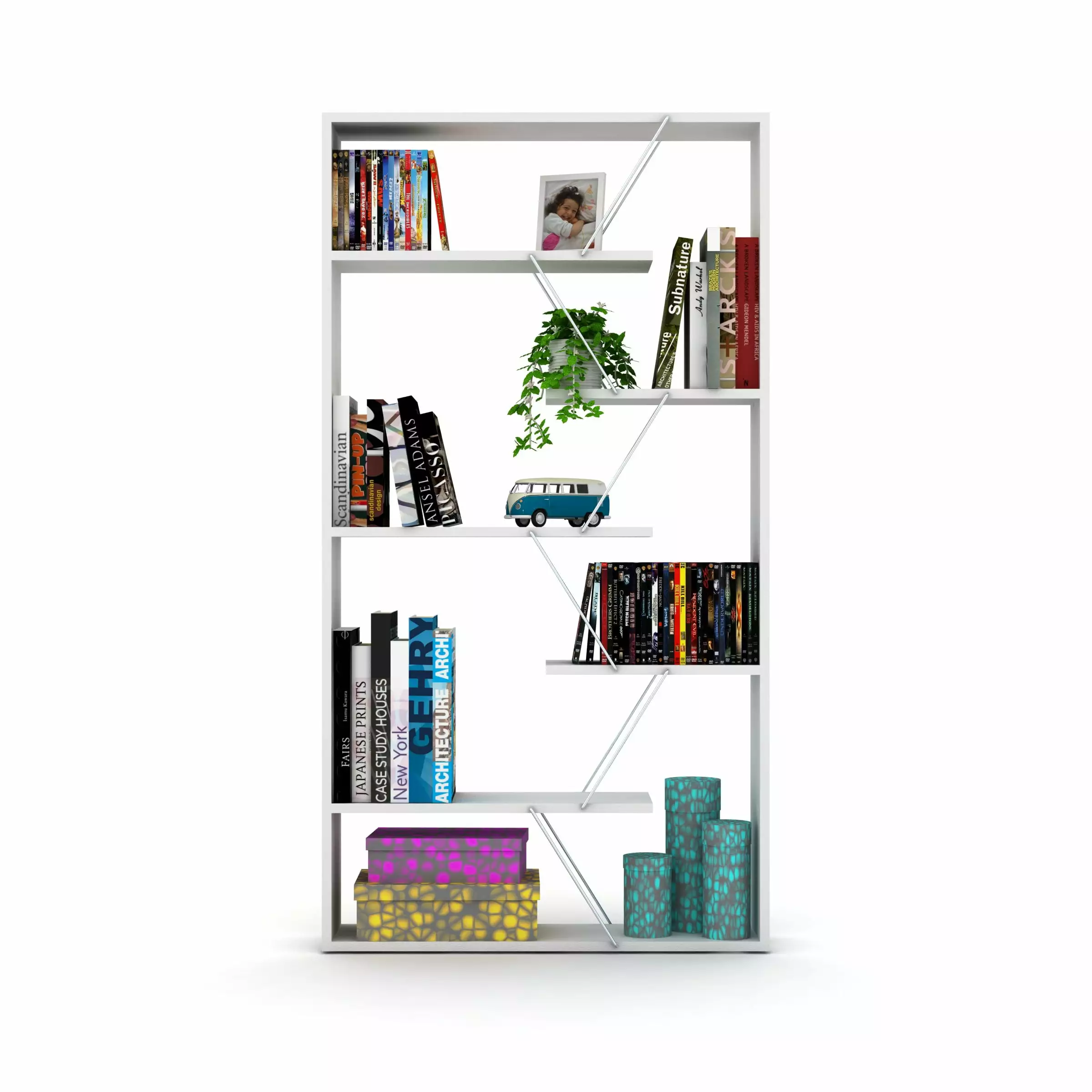 Bookshelf Corner Bookshelf 6-Tier Modern Shelves White and Chrome Living Room General