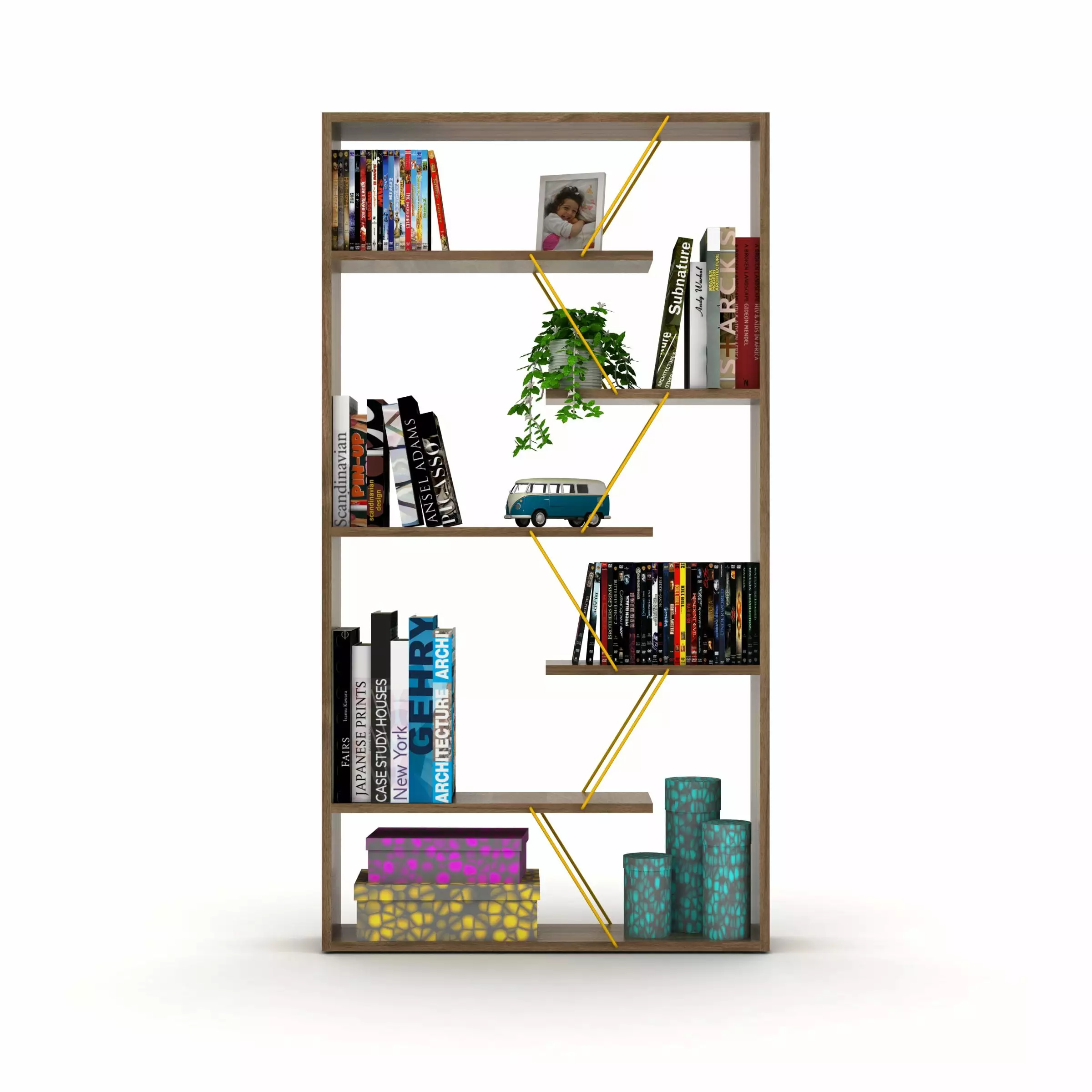Bookshelf Corner Bookshelf 6-Tier Modern Shelves Walnut and Yellow Decor General