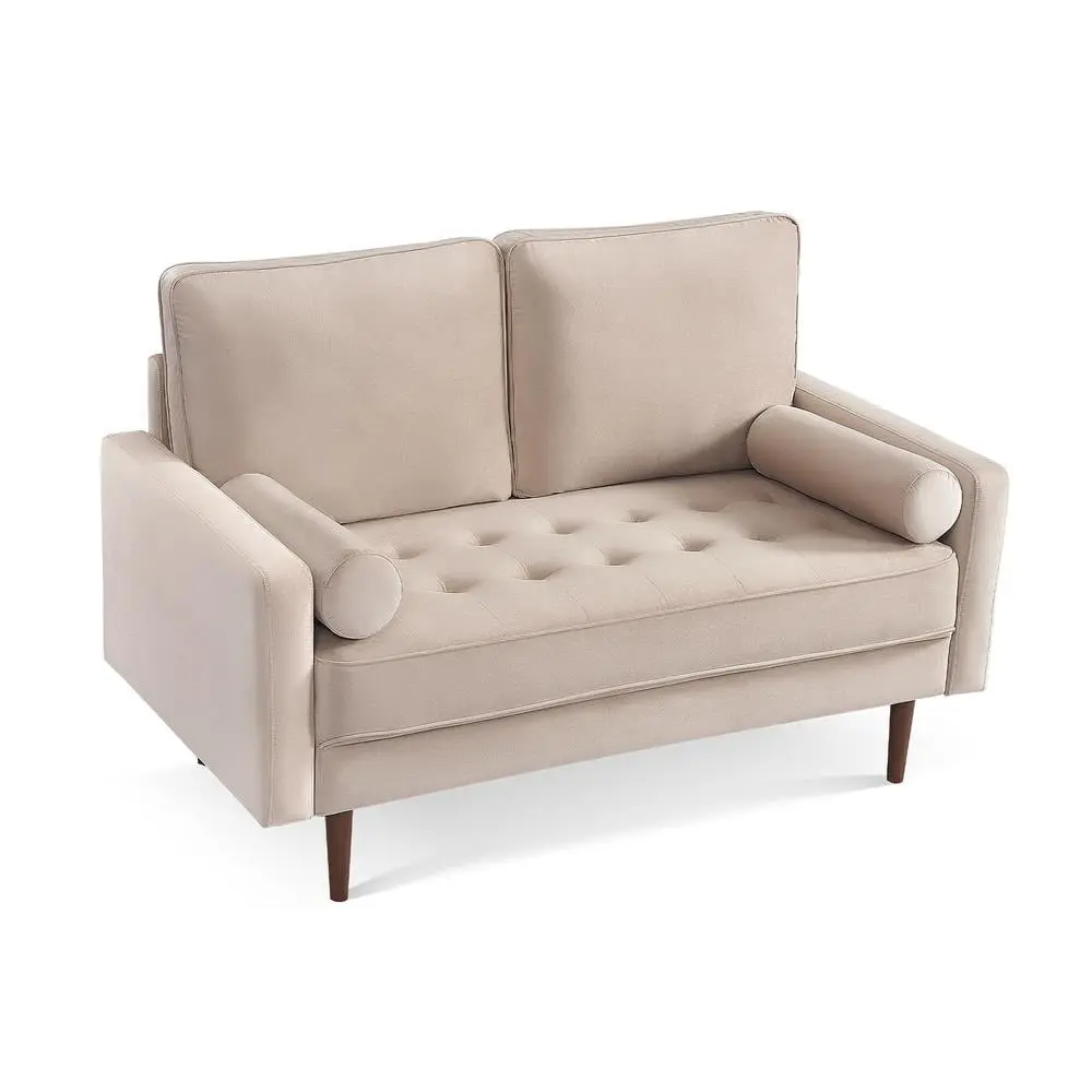 HomeRoots 57 Beige and Dark Brown Velvet Love Seat Toss Pillows Set