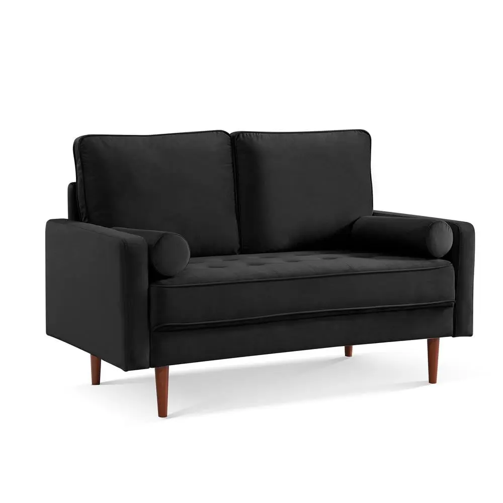 HomeRoots 57 Black and Dark Brown Velvet Love Seat Toss Pillows Bundle