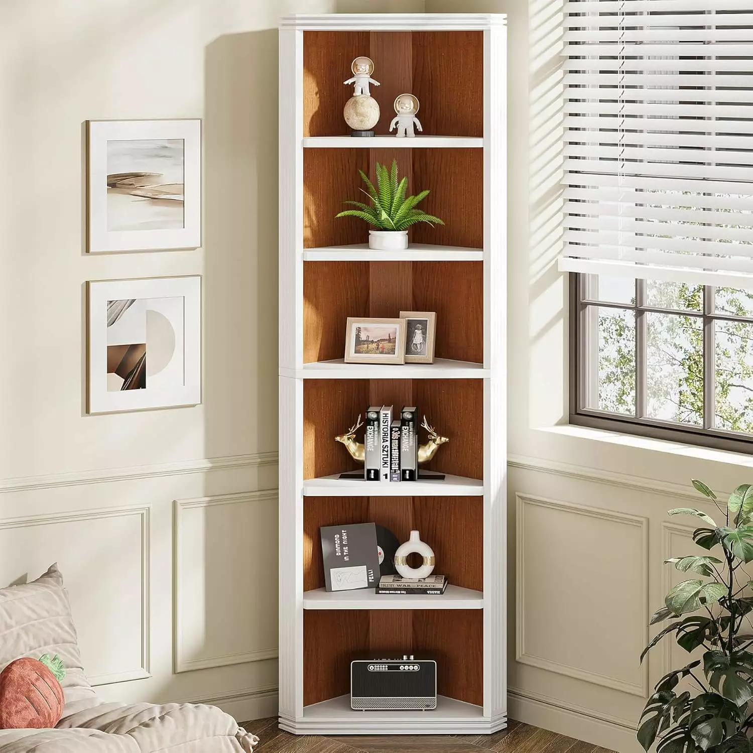 Tribesigns 7-Tier Modern White Corner Bookcase 70.87 Tall Wood Display Shelf Small Spaces
