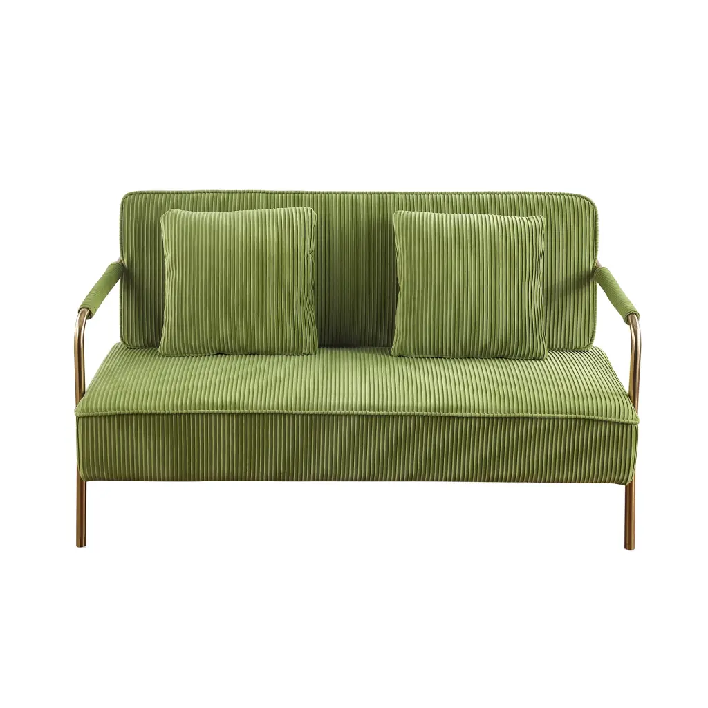 56 Width Modern Upholstered Pleated Velvet Loveseat 2 Seater Small Sofa Couch Gold Metal Legs and Throw Pillows Olive Gree...