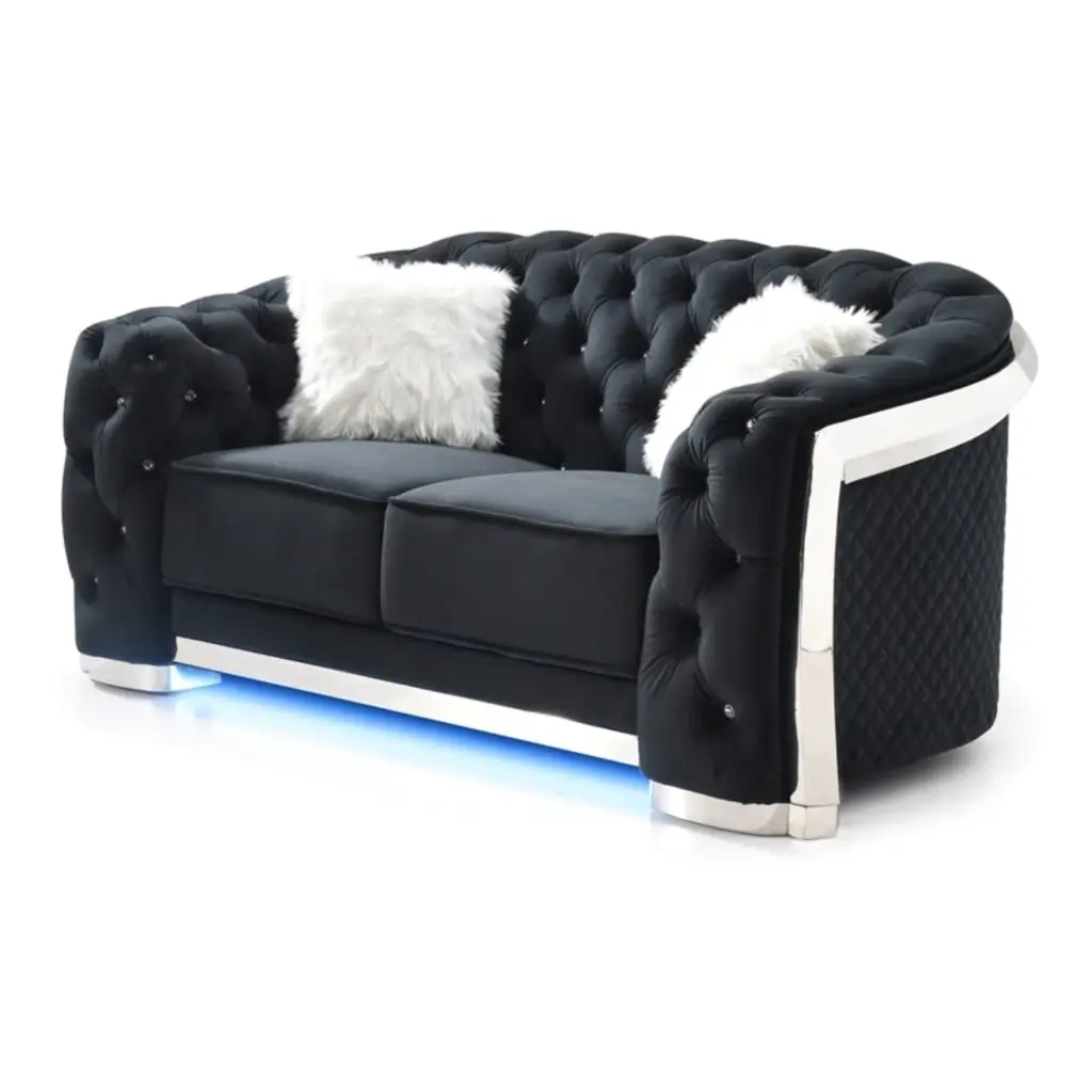 Glory Sapphire Black Velvet Loveseat LED Accent Lighting Luxurious Home Glory Furniture