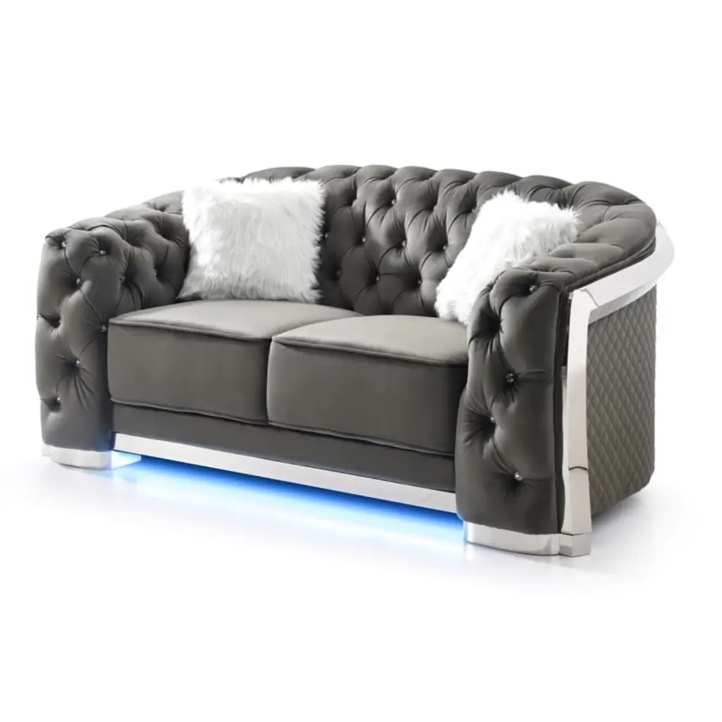 Glory Sapphire Gray Velvet Loveseat LED Accent Lighting Stylish Living Room Glory Furniture