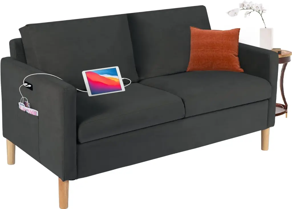 55 Modern Fabric Loveseat Sofa 2 USB Charging Ports Dark Grey MM