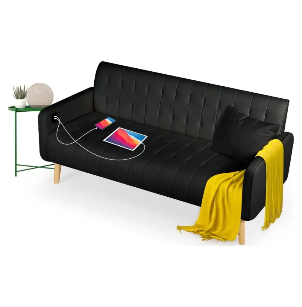 ZHAOTONG Century Modern Striped PU Leather Loveseat 2 USB Charging Ports Black