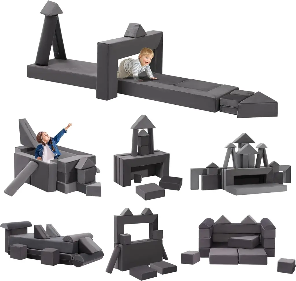 Magic Union 12Pcs Modular Kids Toddler Play Couch Convertible Folding Sponge Cushion Building Fort Grey