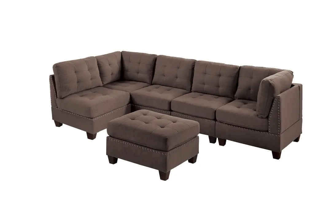Contemporary Modular Sectional 6pc Set Black Coffee Linen Fabric Ottoman Ghislaine