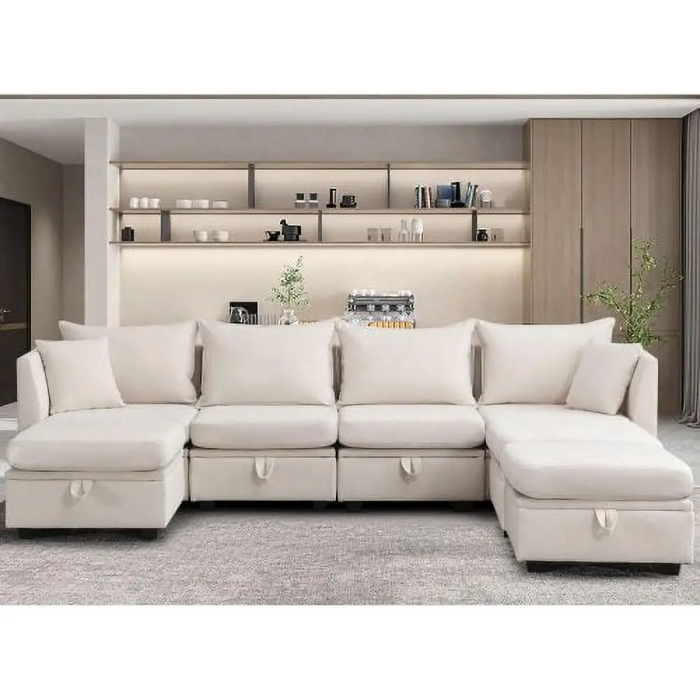 Modular Sectional Sofa - Convertible 7-Seater Sleeper Sofa Storage Beige ANHUITAGS