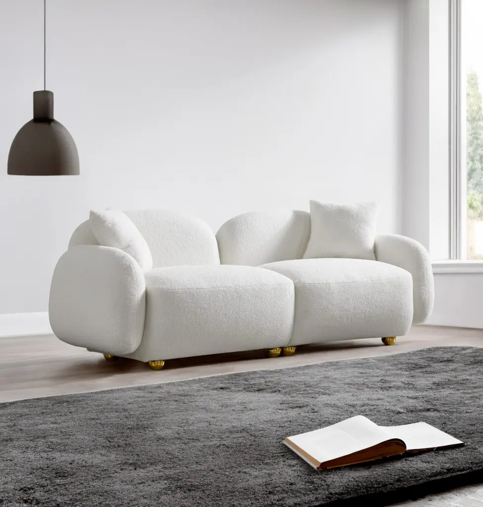 77.95 Modular Sectional Sofa White Plush Teddy Fabric Pillows Cozy Living ARCTICSCORPION