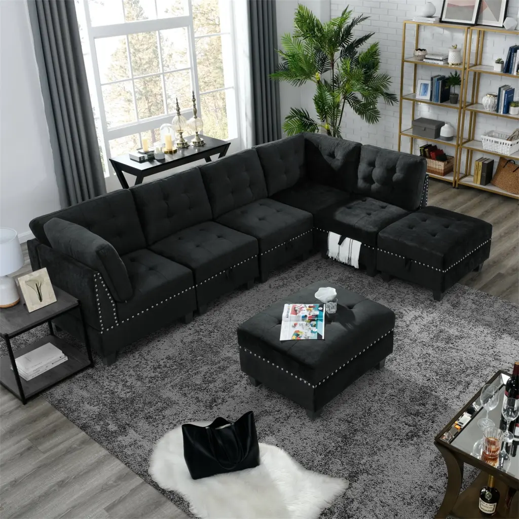 Velvet Reversible Sectional Couch Storage - Modular Sofa 3 Single Chairs and 2 Ottomans - Nail Head Trim ARCTICSCORPION