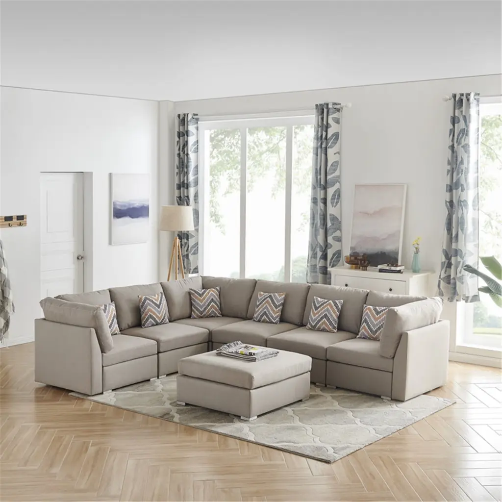Blissful Nights Suburban Soiree Beige Fabric Reversible Modular Sectional Sofa Ottoman And Pillows