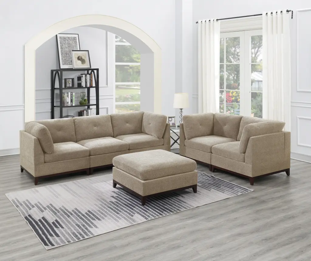 Camel Chenille Fabric Modular Sofa Set 6pc Tufted Back and Exposed Wooden Base CNCJ