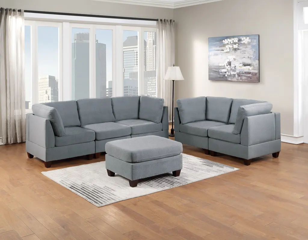 Modular Sofa Set 6pc Grey Linen Fabric Corner Wedges and Ottoman CNCJ