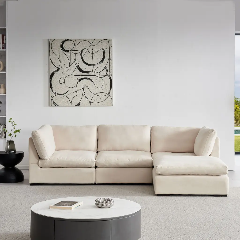 L Shape Modular Soft Fabric Sofa Filled Down Beige Comfortable Living Room CNCJ