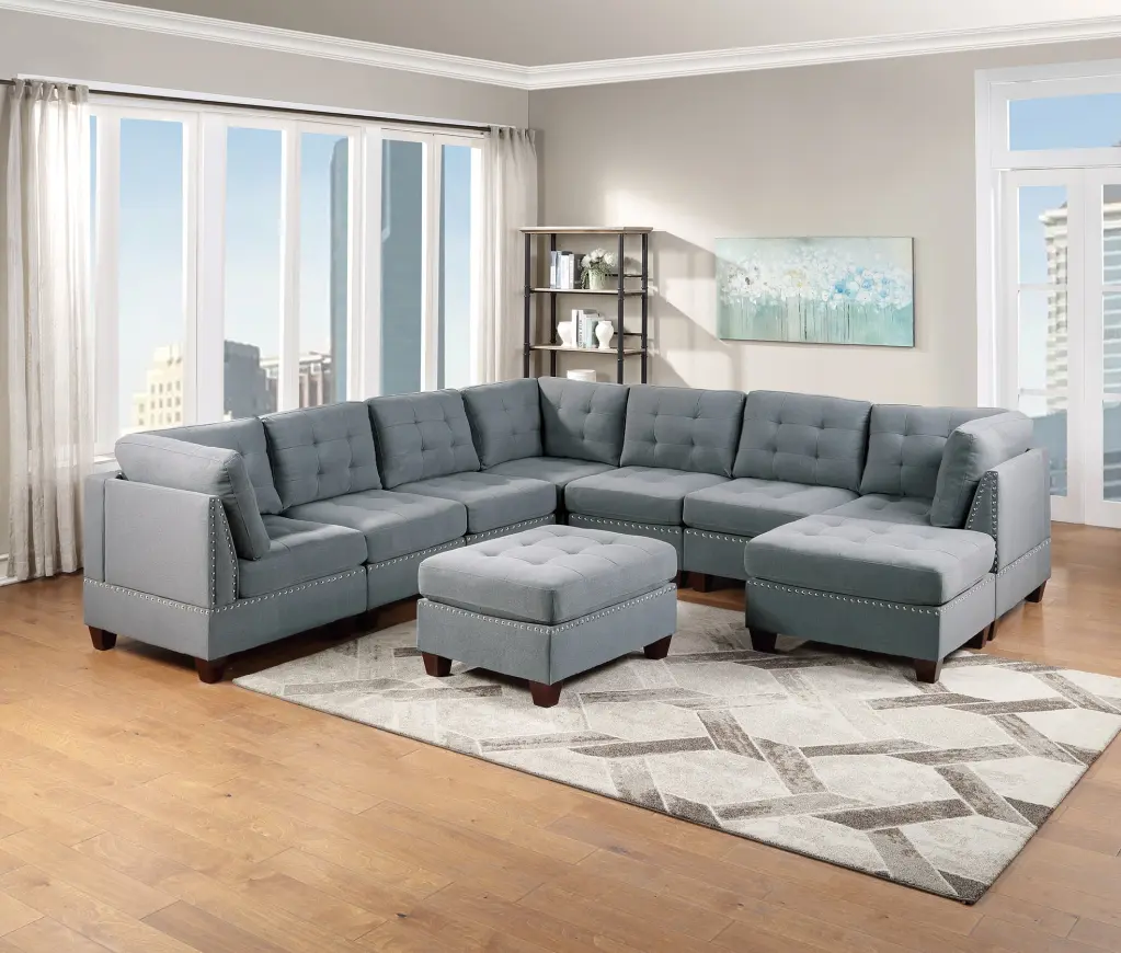 CoSoTower Modular Sectional 9Pc Set - Corner Sectional Tufted Nail Heads Gray Linen Fabric