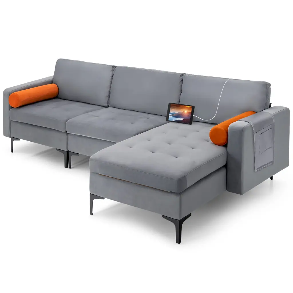 Costway Modular L-shaped Sectional Sofa Reversible Chaise 2 USB Ports Ash Grey