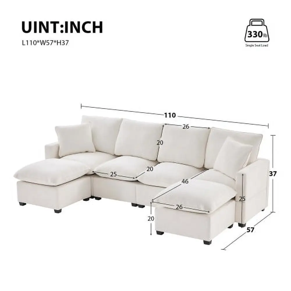 110 x 57 Modern U Shape Modular Sofa 6 Seat Chenille Sectional Couch Set Pillows COSVII