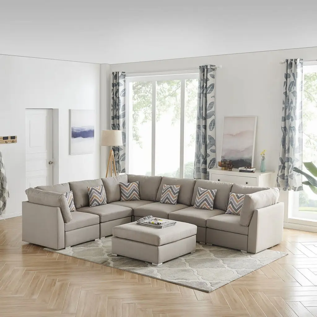 DeeHome Amira 120.5 Beige Fabric Reversible Modular Sectional Sofa Ottoman