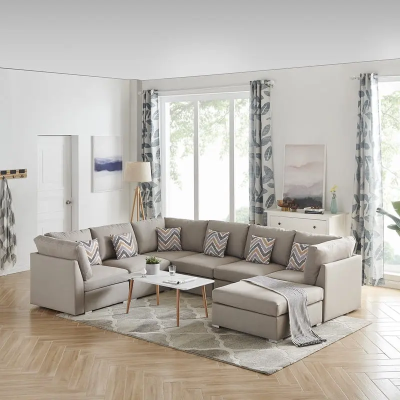 DeeHome Amira 120.5 Beige Fabric Reversible Modular Sectional Sofa Ottoman