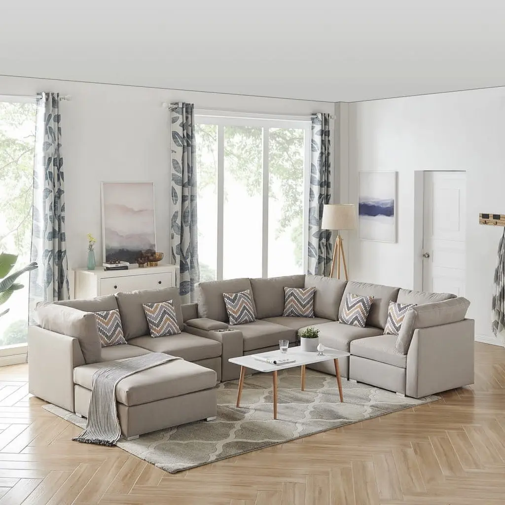 DeeHome Amira 131.5 Beige Fabric Modular Sectional Sofa USB Console and Ottoman - Reversible Design