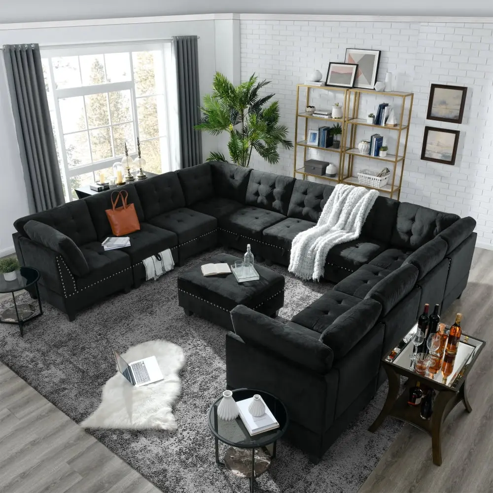 DeeHome Black Velvet U-Shaped Modular Sectional Sofa 7 Single Chairs and Ottoman