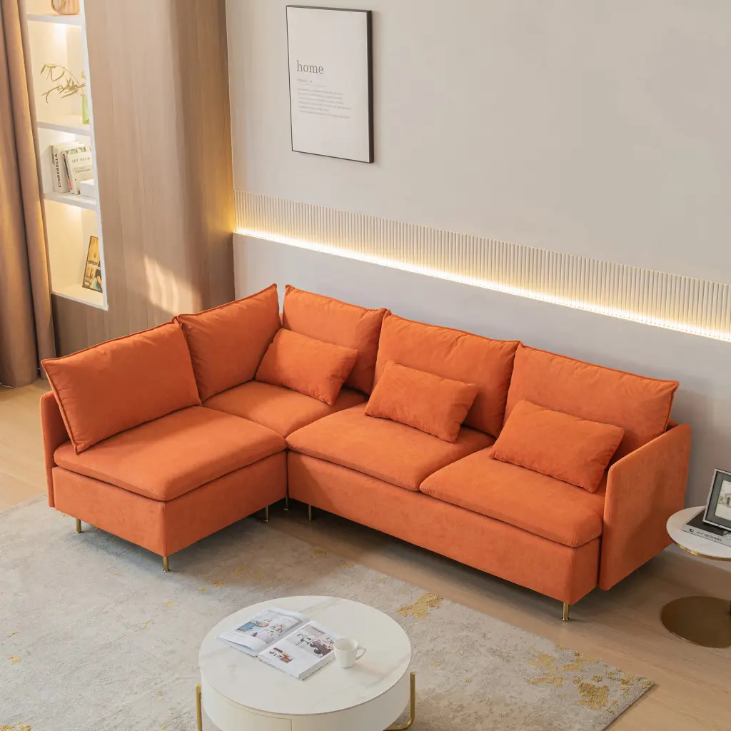 DeeHome Modular L-Shaped Corner Sofa Left Hand Facing Sectional Orange Cotton Linen - 90.9 Inches