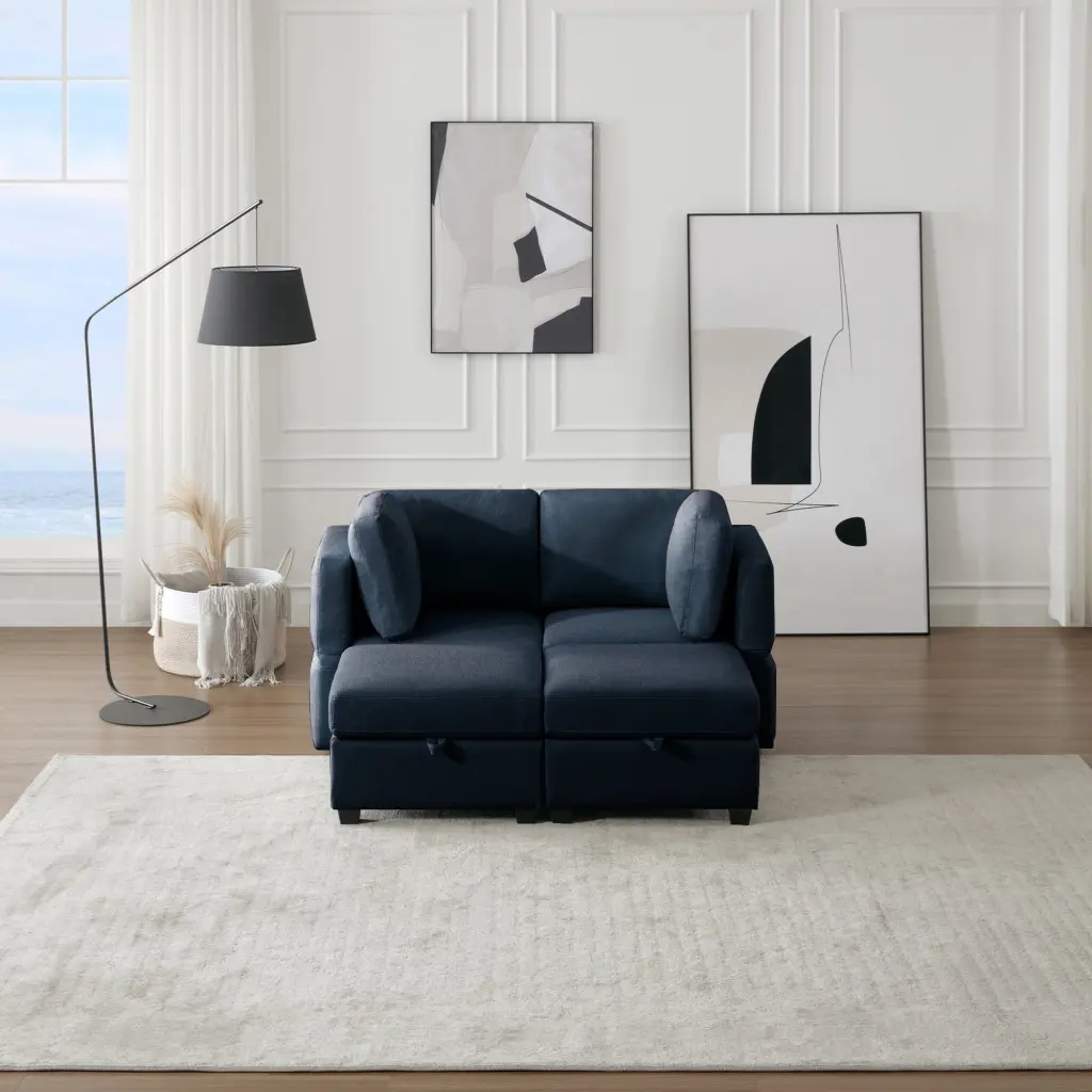 DeeHome Modular Sectional 2 Seater Sofa 2 Ottomans Sleeper Sofa Bed Adjustable Arms and Backs Blue