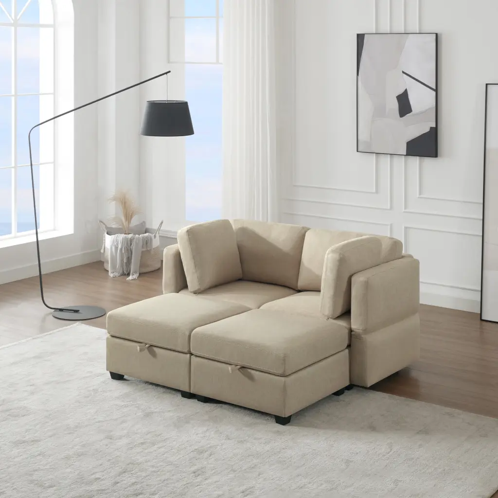 DeeHome Modular Sectional 2 Seater Sofa 2 Ottomans Sleeper Sofa Bed Adjustable Arms and Backs Beige