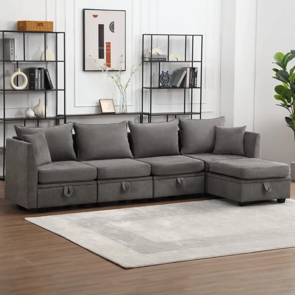 DeeHome Modular Sectional Sofa Storage - Convertible Sleeper Sofa Set Living Room - Grey 5 Seat