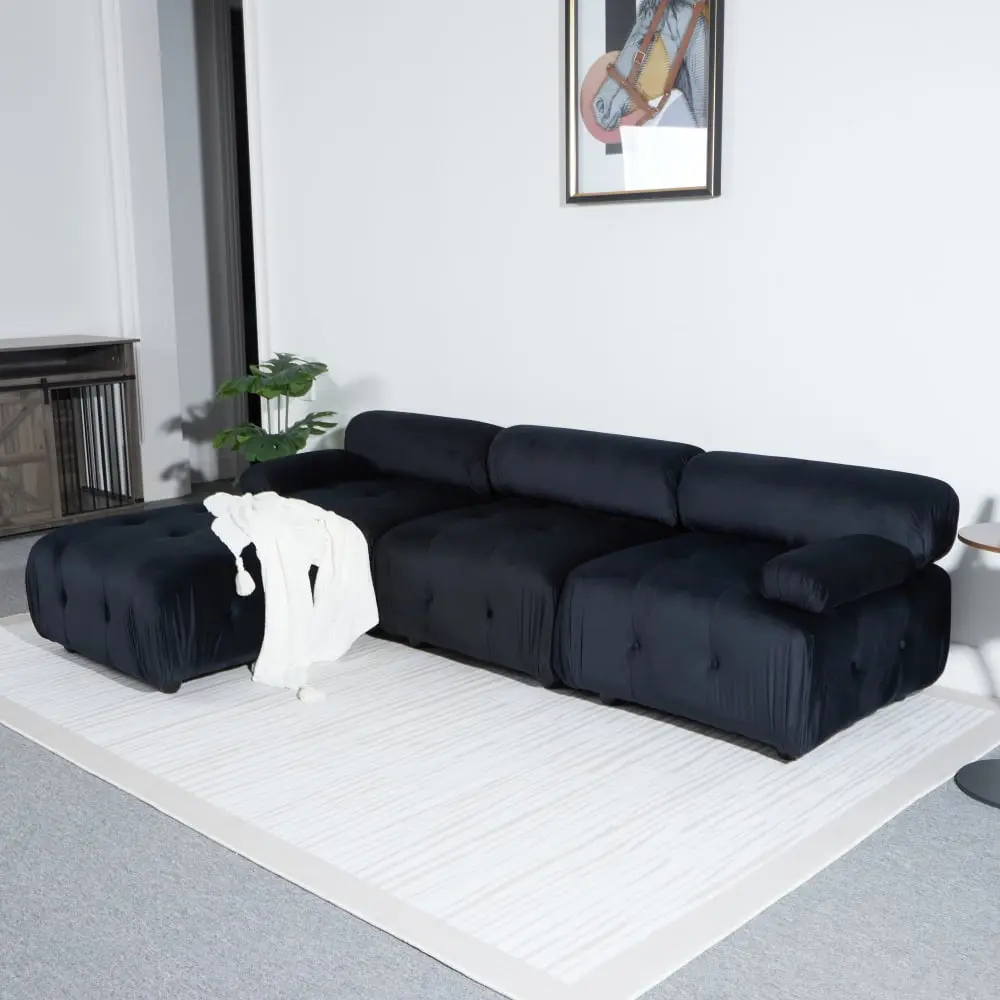 DeeHome Modular L Shaped Cloud Couch Reversible Ottoman Black Velvet Fabric