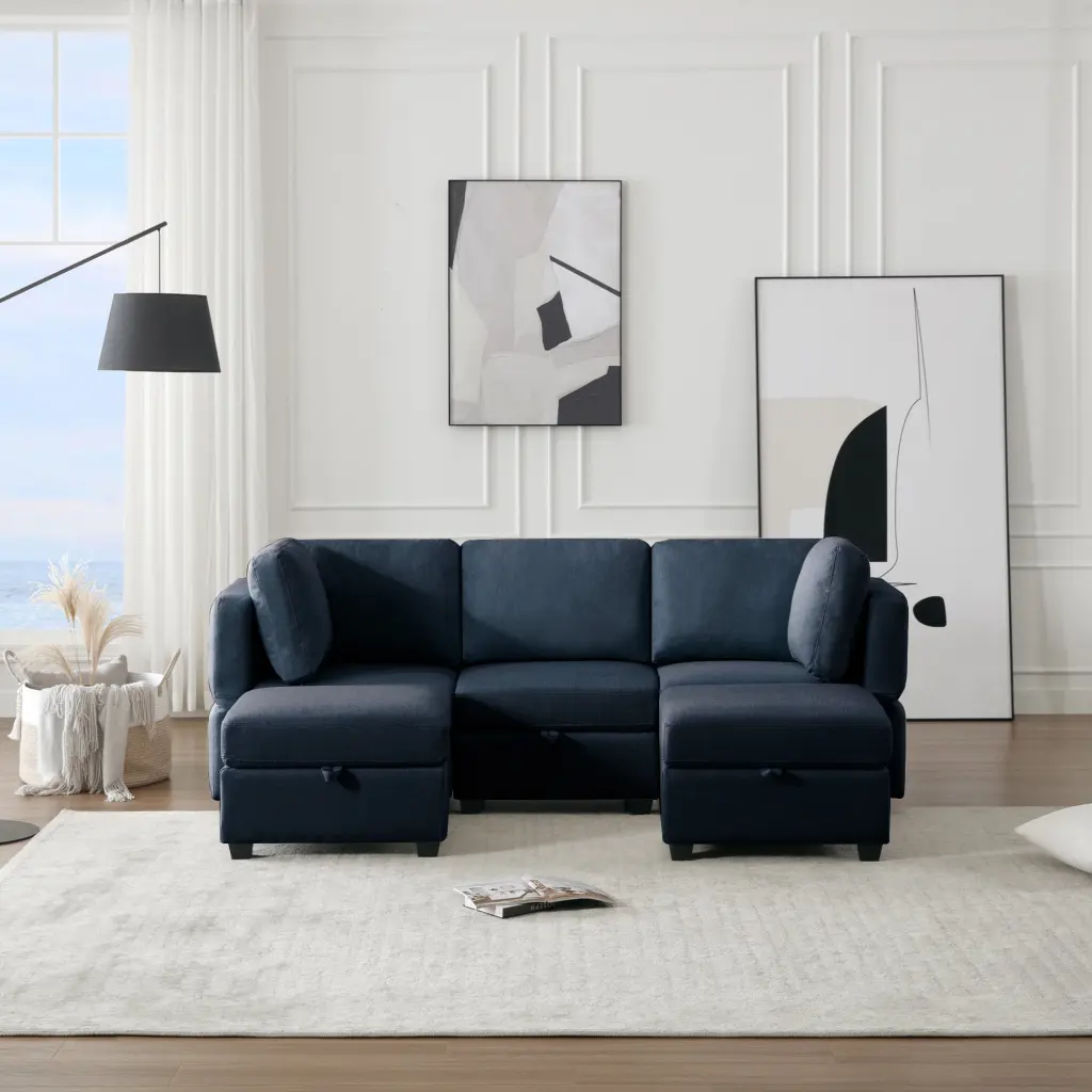 DeeHome Reversible Blue Modular Sectional Sofa Storage - U Shaped 5 Seater Couch