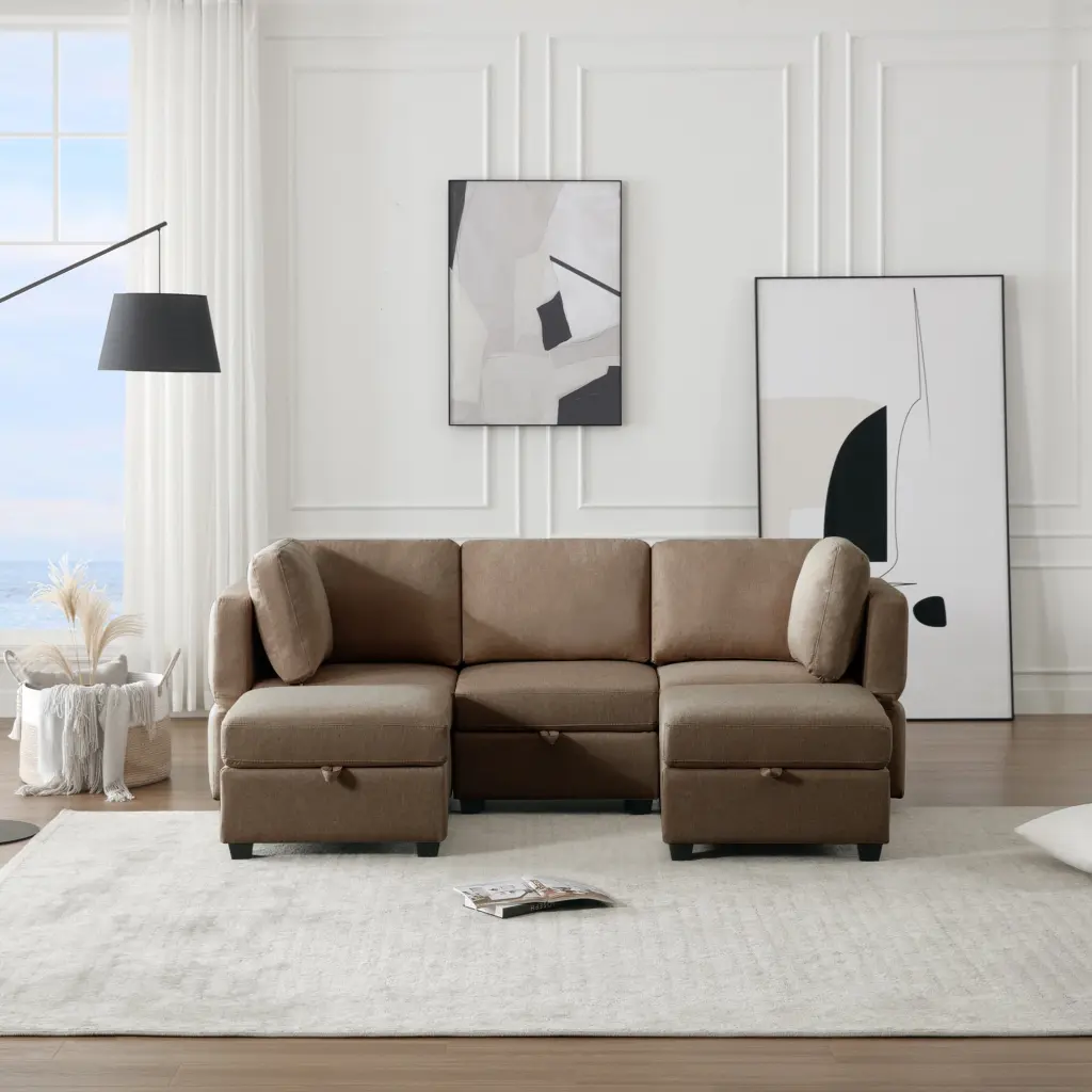 DeeHome Reversible Brown Modular Sectional Sofa Storage - U Shaped 5 Seater Couch