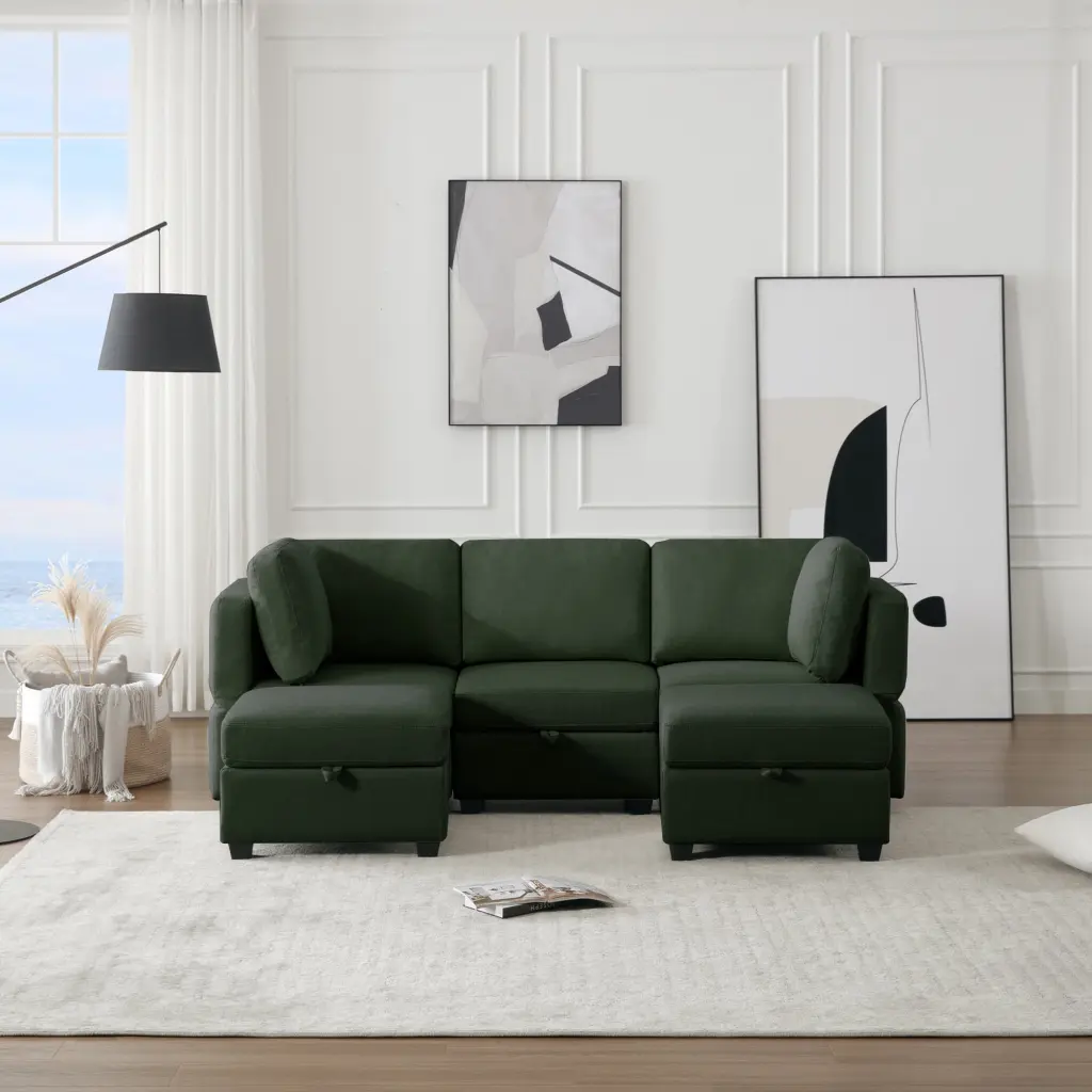 DeeHome Reversible Green Modular Sectional Sofa Storage - U Shaped 5 Seater Couch