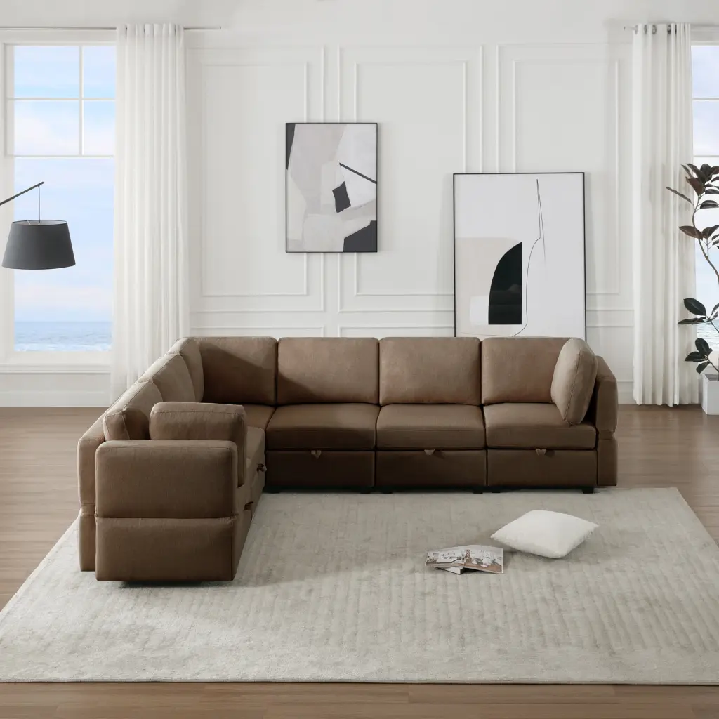 DeeHome 6 Seat L-Shaped Modular Sectional Sofa Adjustable Chaise Brown Fabric