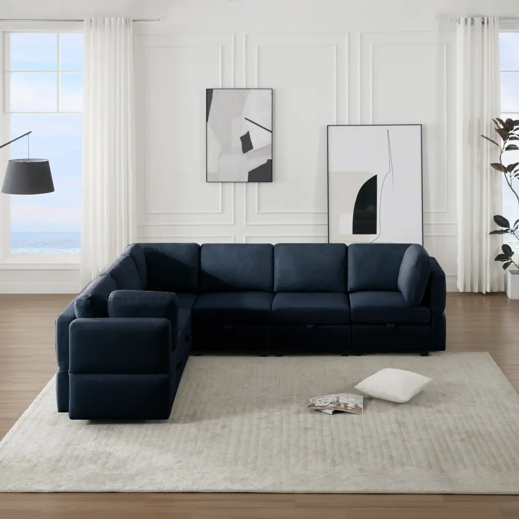 DeeHome 6 Seat L-Shaped Modular Sectional Sofa Adjustable Chaise Blue Fabric