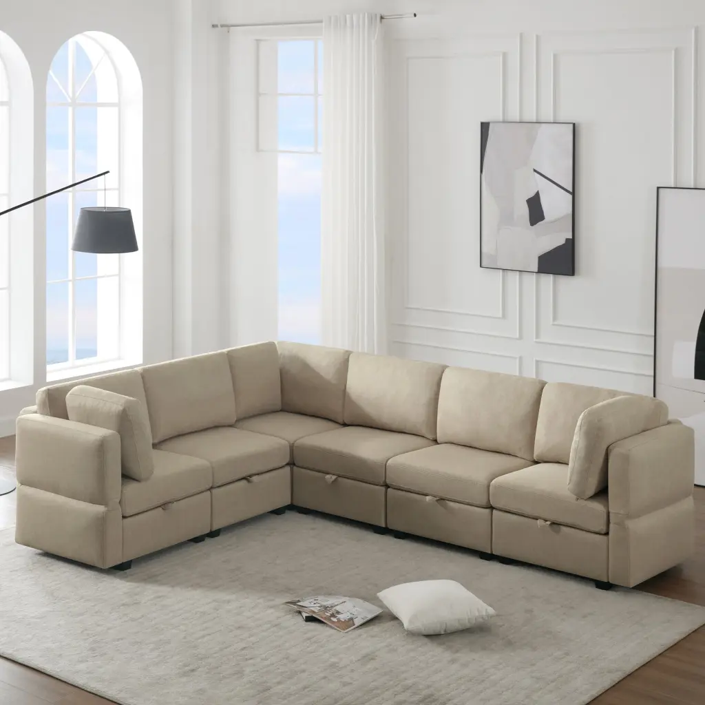 DeeHome 6 Seat L-Shaped Modular Sectional Sofa Adjustable Chaise Beige Fabric
