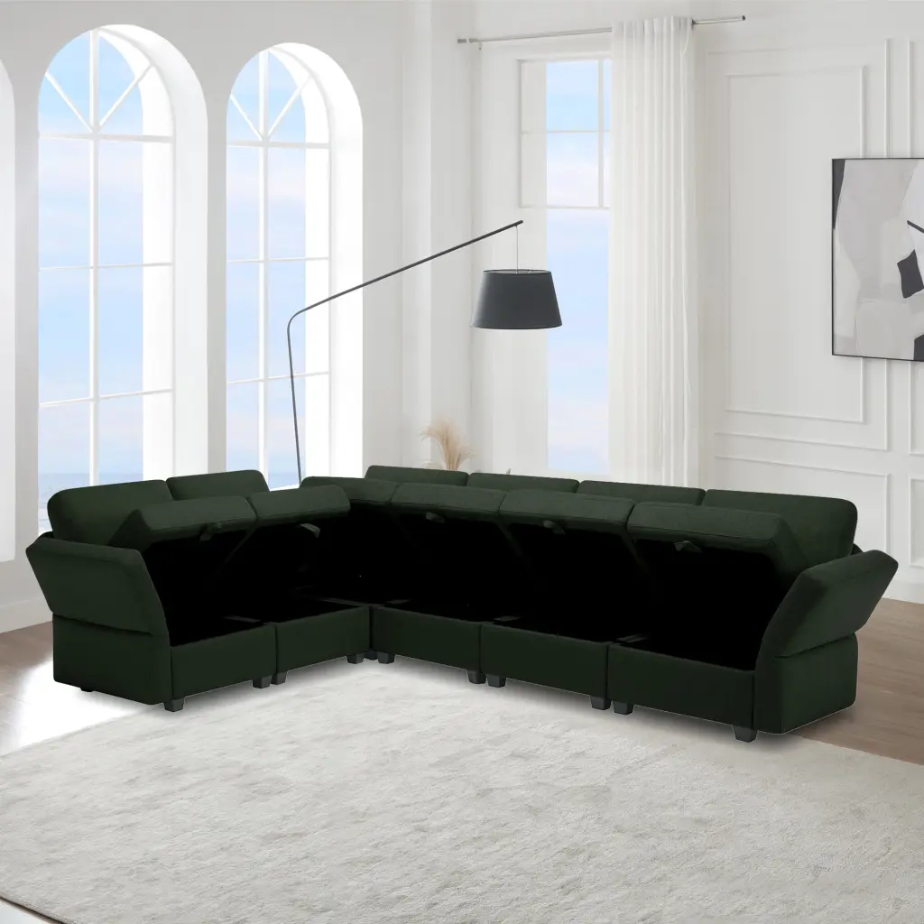 DeeHome 6 Seat L-Shaped Modular Sectional Sofa Adjustable Chaise Green Fabric