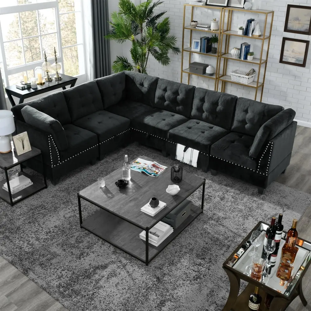 DeeHome L Shape Modular Sectional Sofa DIY Combination 3 Single Chairs 3 Corners Black Velvet Living Room Set