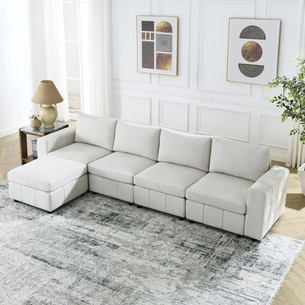 DeeHome Upholstered Modular Sofa L Shaped Sectional Sofa Living Room Apartment 4-Seater Ottoman