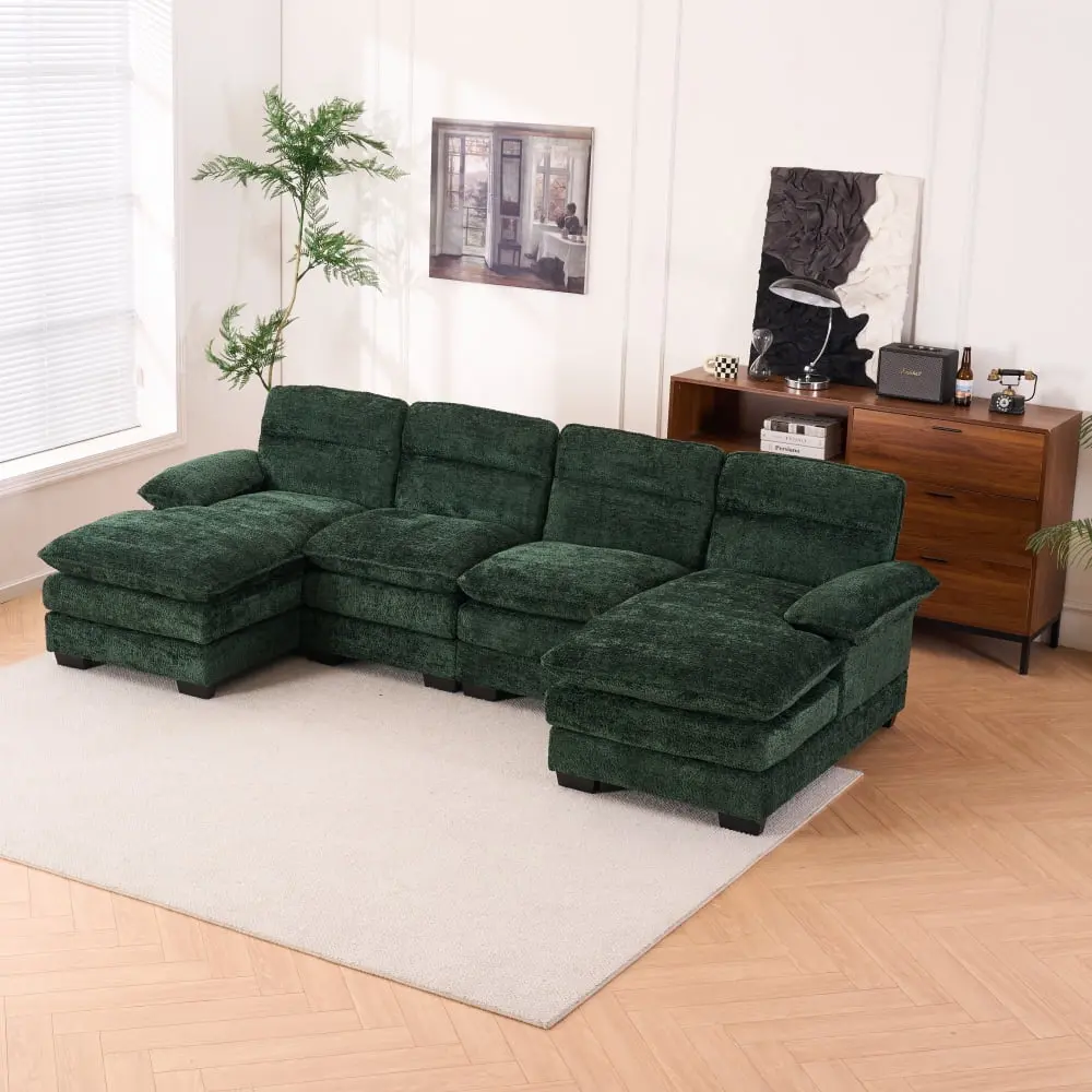 DeeHome U-Shaped Modular Sectional Sofa Two Single Seats and Two Chaise Green Chenille Fabric
