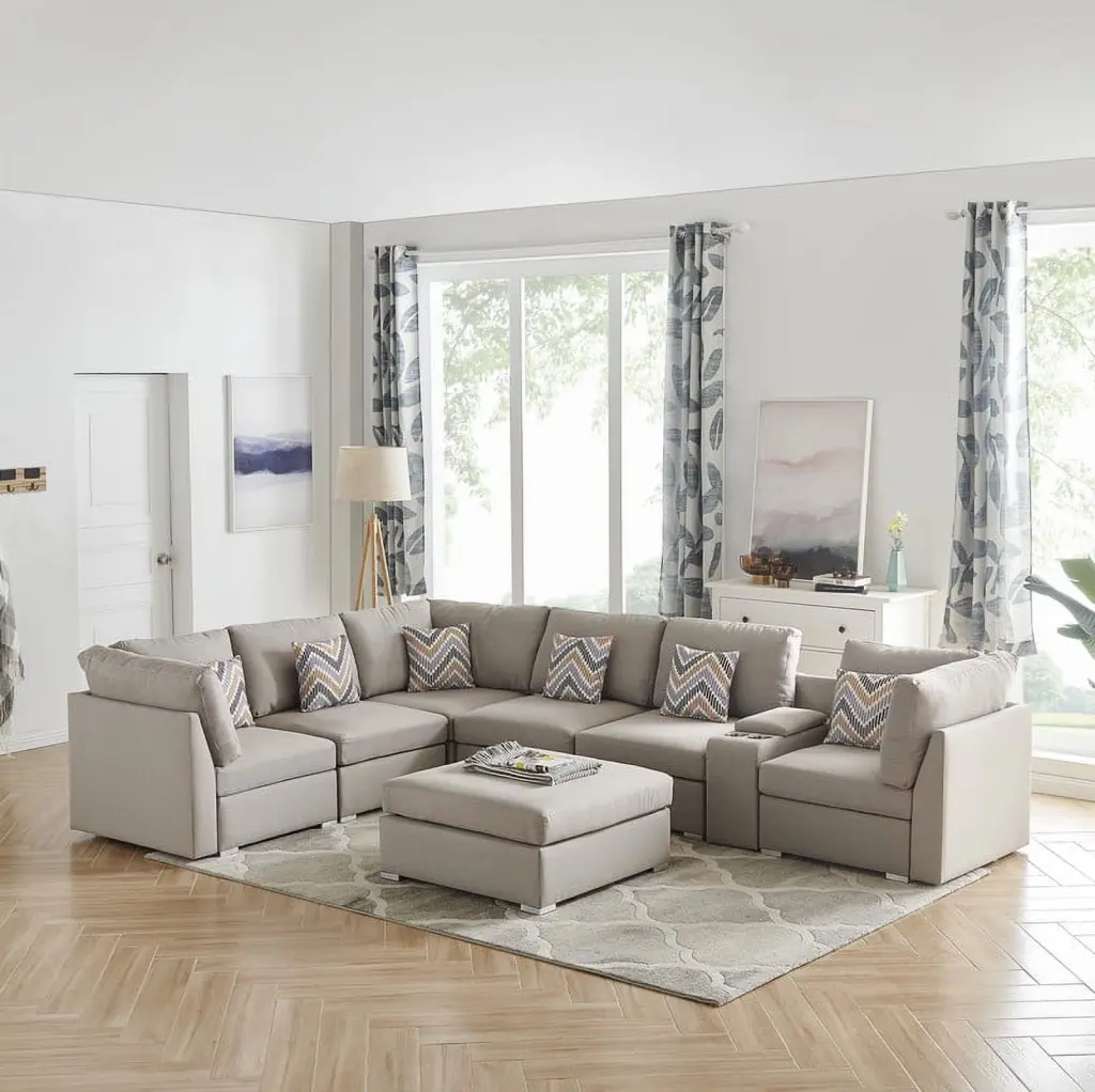 U Shape Modular Sectional Sofa DIY Combination Single Chairs, Corners, and Ottomans Ivory Chenille DeeHome